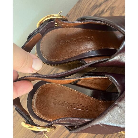 See By Chloe NWOB EU38/US7 Leather Chunky Heel Lyna Slingback Sandal Burgundy - Picture 4 of 10